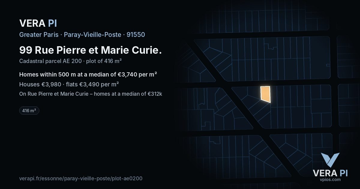 99 Rue Pierre et Marie Curie, Paray-Vieille-Poste at night – the plot lit, the parcels around coloured by the prices near them