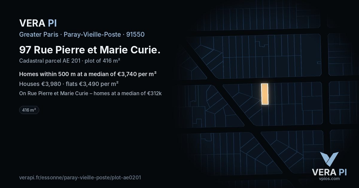97 Rue Pierre et Marie Curie, Paray-Vieille-Poste at night – the plot lit, the parcels around coloured by the prices near them