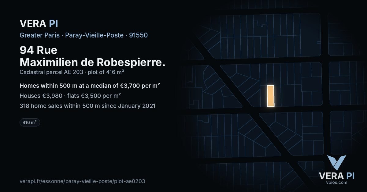 94 Rue Maximilien de Robespierre, Paray-Vieille-Poste at night – the plot lit, the parcels around coloured by the prices near them