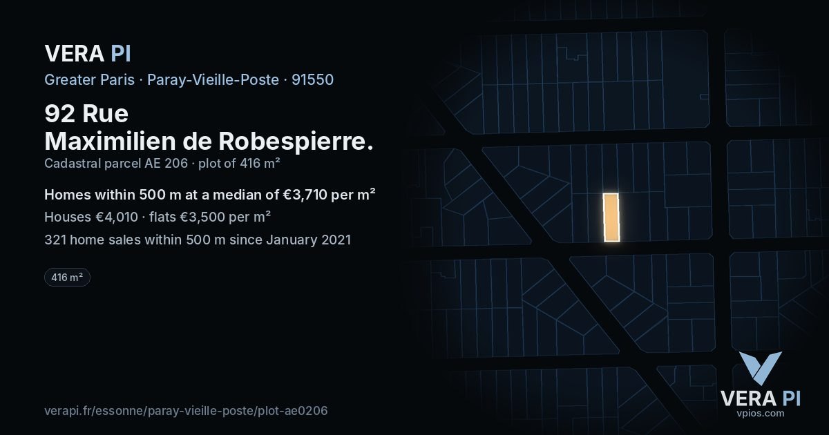 92 Rue Maximilien de Robespierre, Paray-Vieille-Poste at night – the plot lit, the parcels around coloured by the prices near them