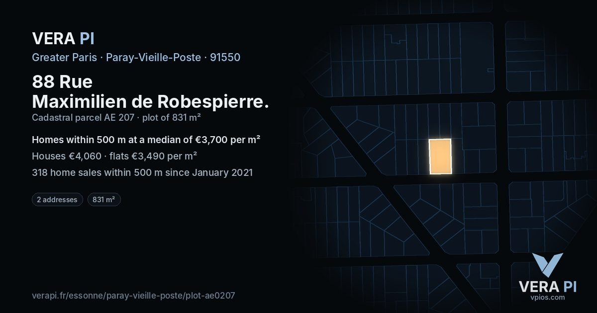 88 Rue Maximilien de Robespierre, Paray-Vieille-Poste at night – the plot lit, the parcels around coloured by the prices near them