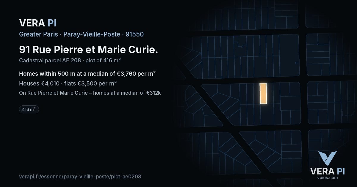 91 Rue Pierre et Marie Curie, Paray-Vieille-Poste at night – the plot lit, the parcels around coloured by the prices near them