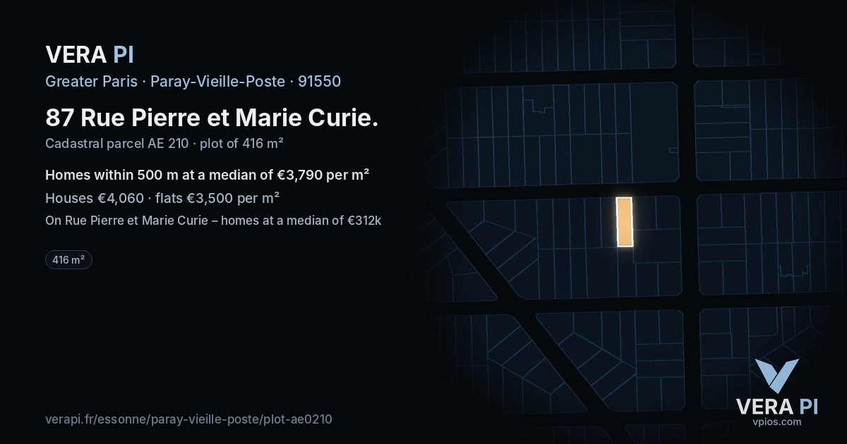 87 Rue Pierre et Marie Curie, Paray-Vieille-Poste at night – the plot lit, the parcels around coloured by the prices near them
