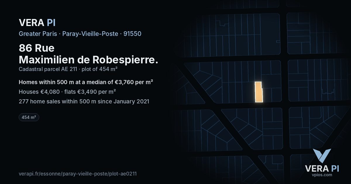 86 Rue Maximilien de Robespierre, Paray-Vieille-Poste at night – the plot lit, the parcels around coloured by the prices near them