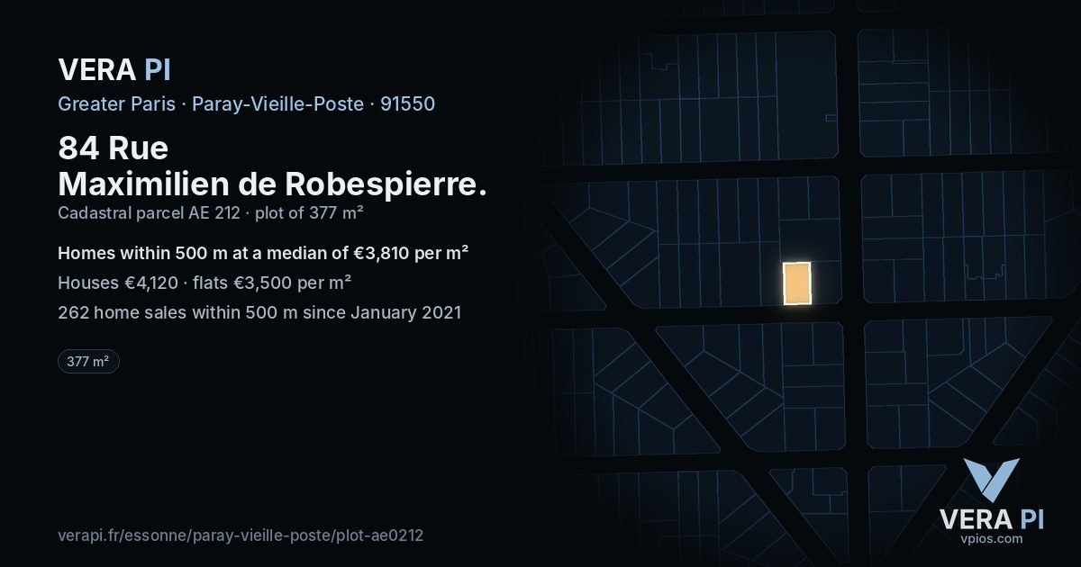 84 Rue Maximilien de Robespierre, Paray-Vieille-Poste at night – the plot lit, the parcels around coloured by the prices near them