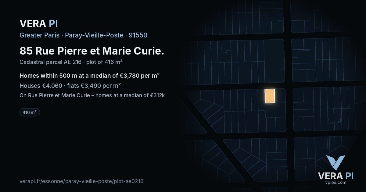 85 Rue Pierre et Marie Curie, Paray-Vieille-Poste at night – the plot lit, the parcels around coloured by the prices near them
