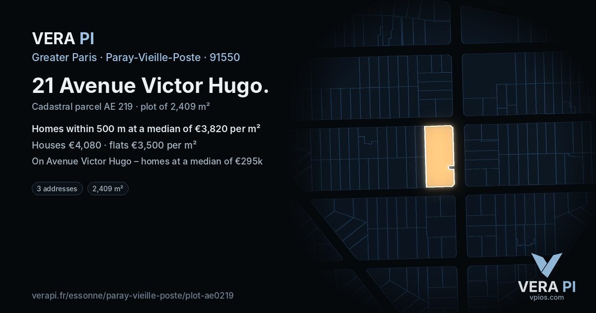 21 Avenue Victor Hugo, Paray-Vieille-Poste at night – the plot lit, the parcels around coloured by the prices near them