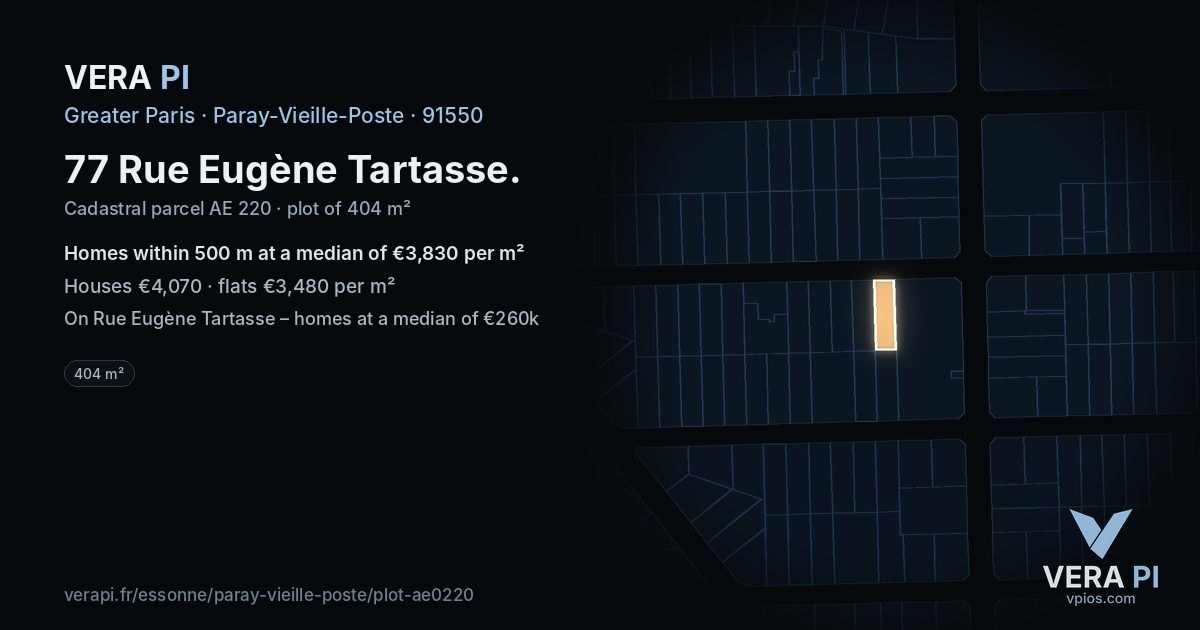 77 Rue Eugène Tartasse, Paray-Vieille-Poste at night – the plot lit, the parcels around coloured by the prices near them