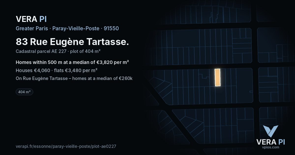 83 Rue Eugène Tartasse, Paray-Vieille-Poste at night – the plot lit, the parcels around coloured by the prices near them