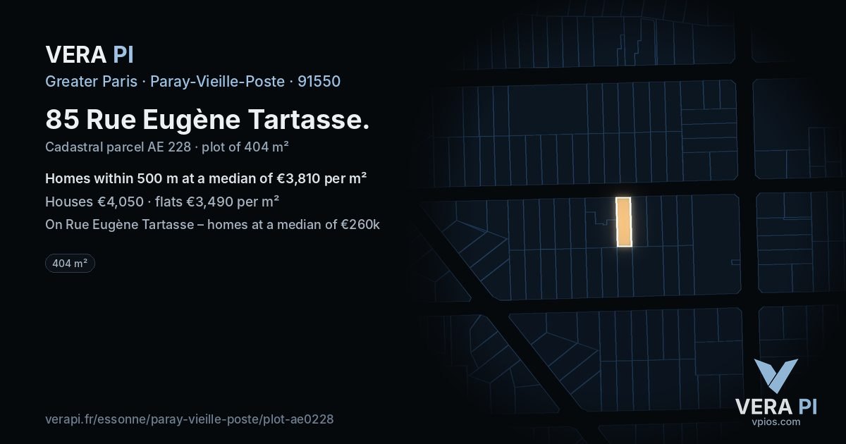 85 Rue Eugène Tartasse, Paray-Vieille-Poste at night – the plot lit, the parcels around coloured by the prices near them