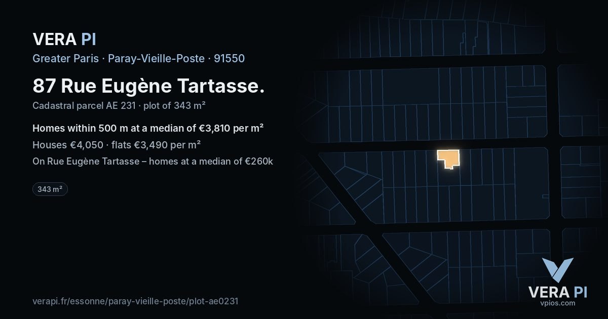 87 Rue Eugène Tartasse, Paray-Vieille-Poste at night – the plot lit, the parcels around coloured by the prices near them