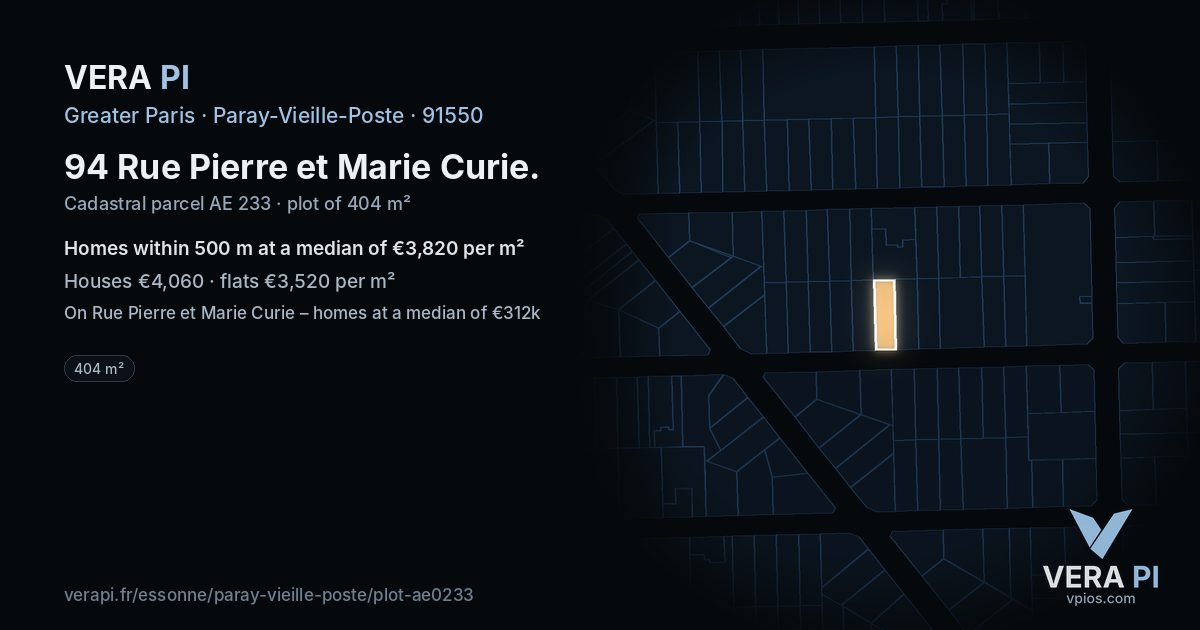 94 Rue Pierre et Marie Curie, Paray-Vieille-Poste at night – the plot lit, the parcels around coloured by the prices near them
