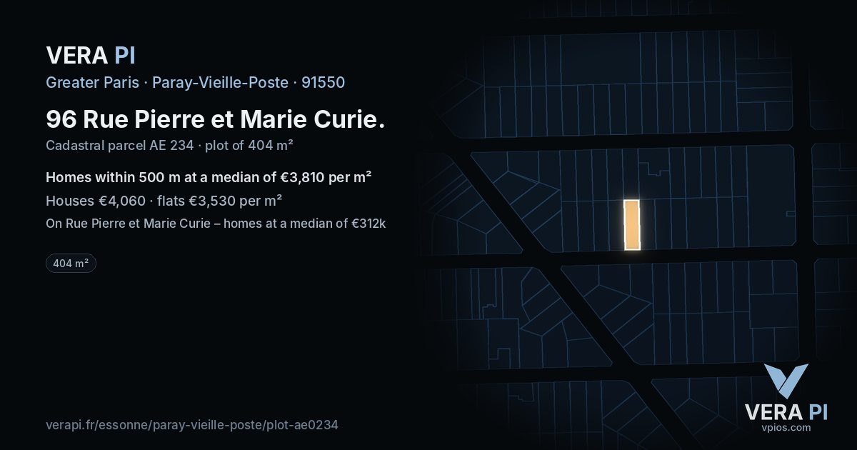 96 Rue Pierre et Marie Curie, Paray-Vieille-Poste at night – the plot lit, the parcels around coloured by the prices near them