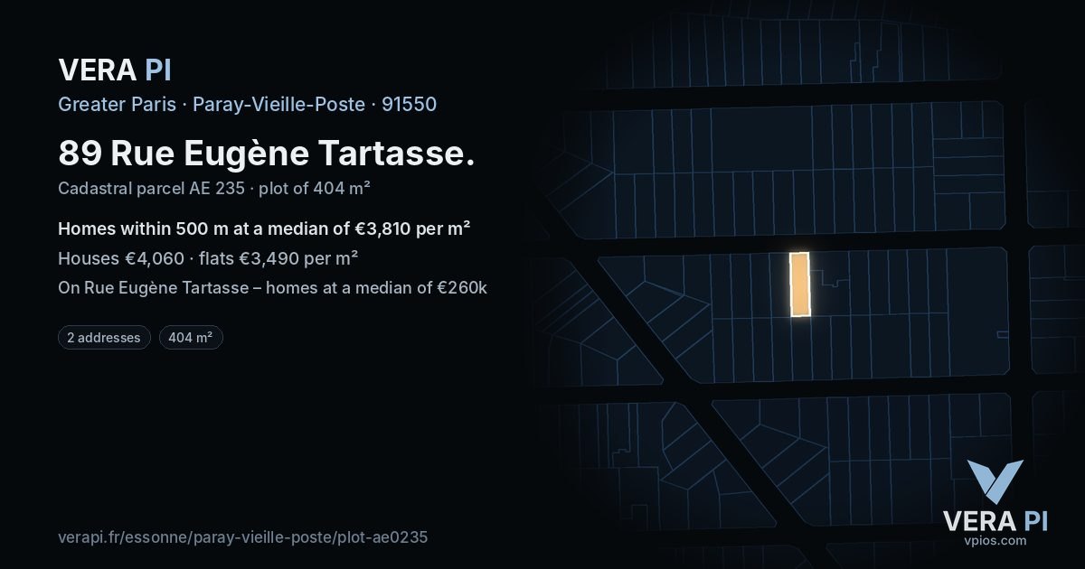 89 Rue Eugène Tartasse, Paray-Vieille-Poste at night – the plot lit, the parcels around coloured by the prices near them