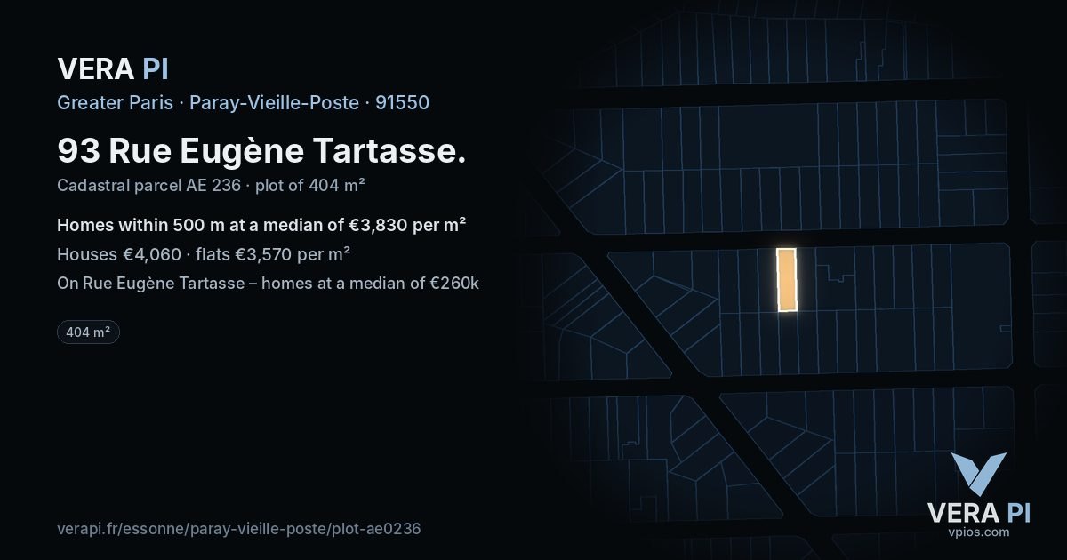93 Rue Eugène Tartasse, Paray-Vieille-Poste at night – the plot lit, the parcels around coloured by the prices near them