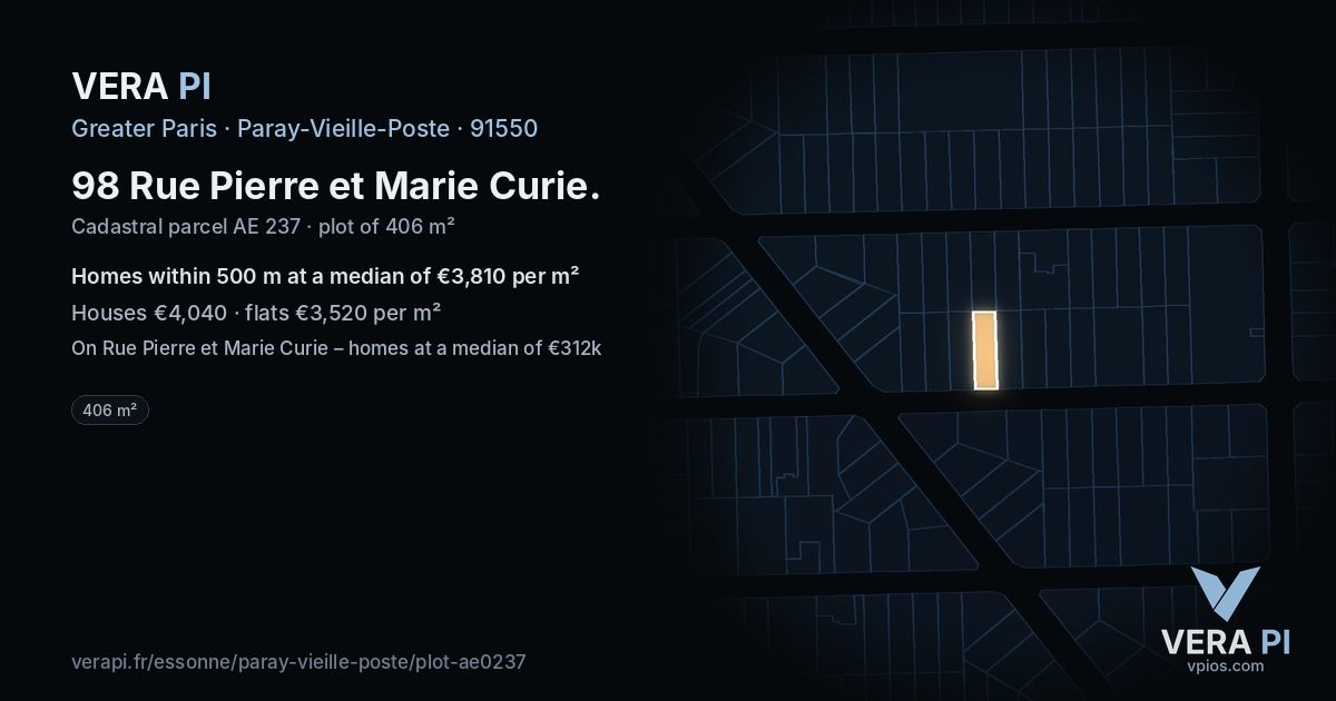 98 Rue Pierre et Marie Curie, Paray-Vieille-Poste at night – the plot lit, the parcels around coloured by the prices near them