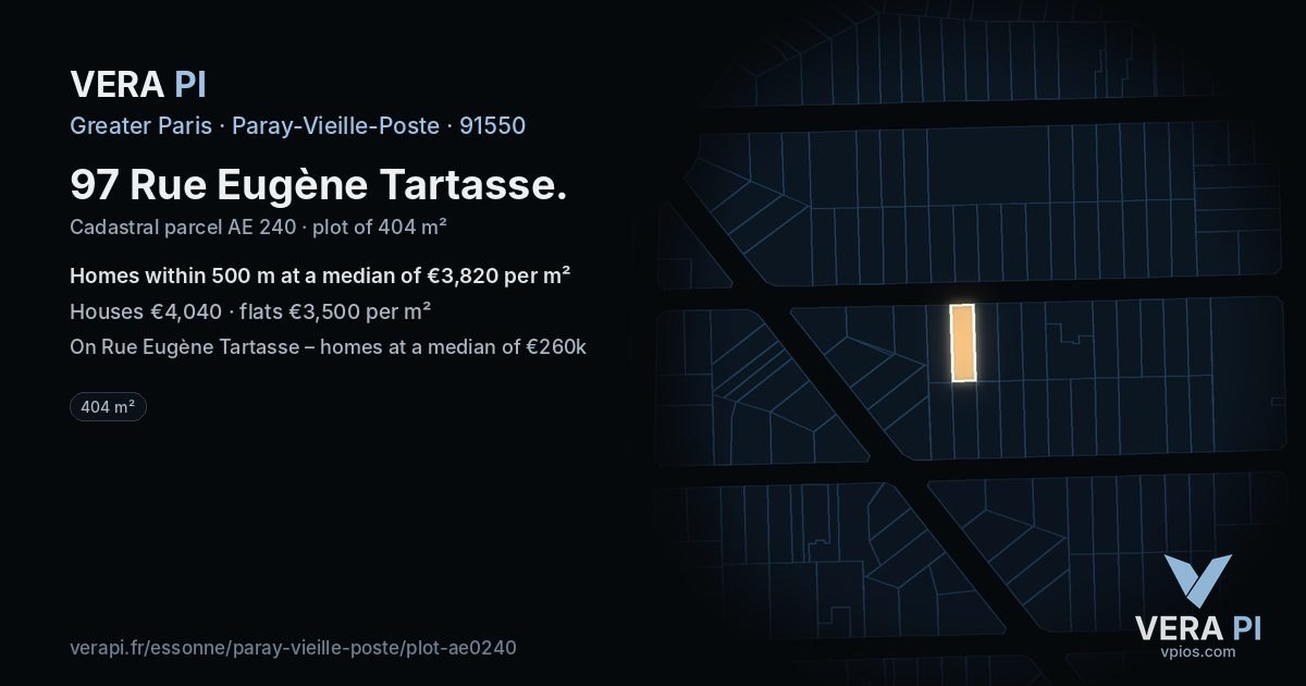97 Rue Eugène Tartasse, Paray-Vieille-Poste at night – the plot lit, the parcels around coloured by the prices near them