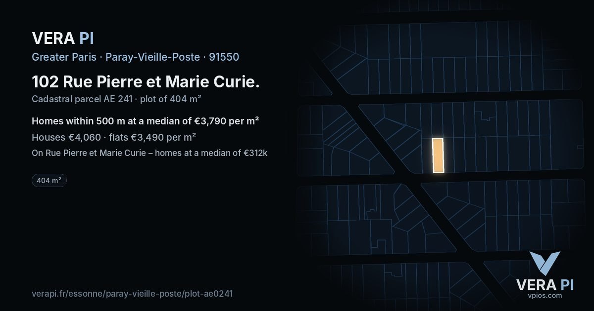 102 Rue Pierre et Marie Curie, Paray-Vieille-Poste at night – the plot lit, the parcels around coloured by the prices near them