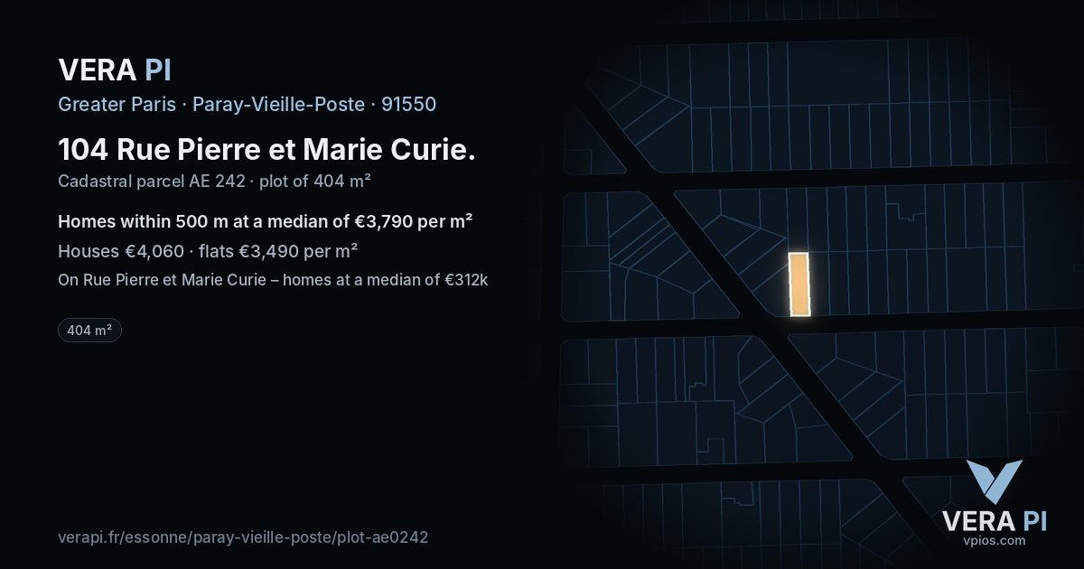104 Rue Pierre et Marie Curie, Paray-Vieille-Poste at night – the plot lit, the parcels around coloured by the prices near them