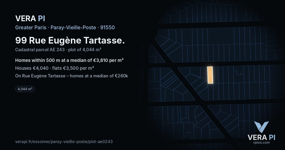 99 Rue Eugène Tartasse, Paray-Vieille-Poste at night – the plot lit, the parcels around coloured by the prices near them