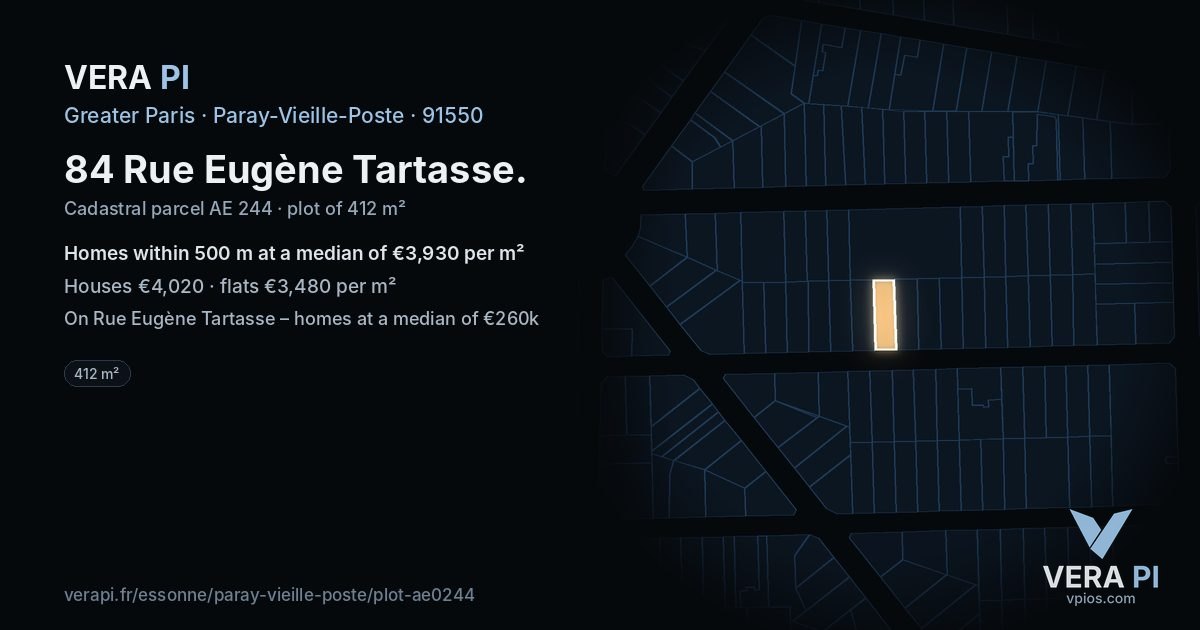 84 Rue Eugène Tartasse, Paray-Vieille-Poste at night – the plot lit, the parcels around coloured by the prices near them