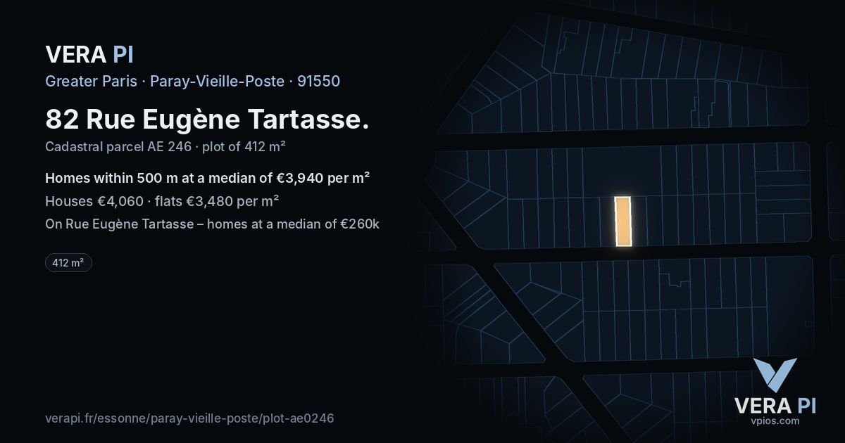 82 Rue Eugène Tartasse, Paray-Vieille-Poste at night – the plot lit, the parcels around coloured by the prices near them
