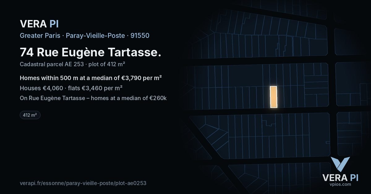 74 Rue Eugène Tartasse, Paray-Vieille-Poste at night – the plot lit, the parcels around coloured by the prices near them