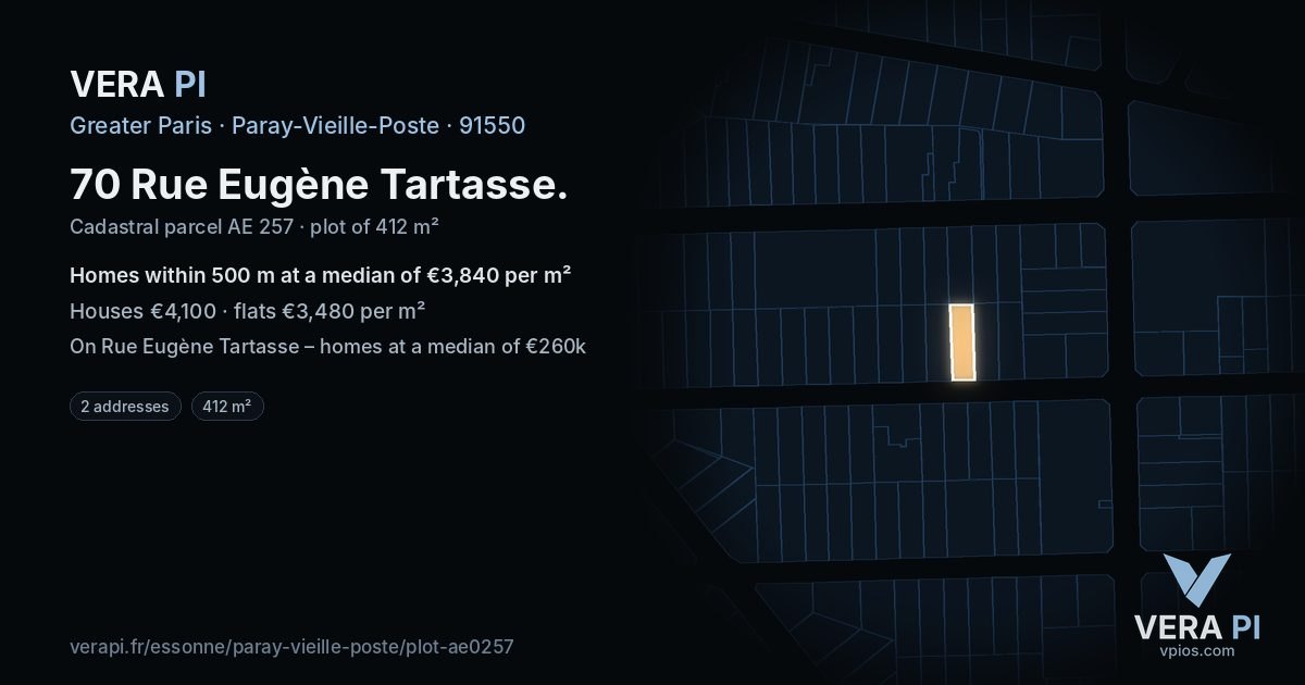 70 Rue Eugène Tartasse, Paray-Vieille-Poste at night – the plot lit, the parcels around coloured by the prices near them