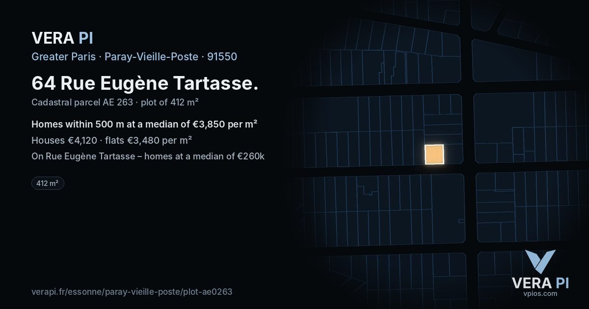 64 Rue Eugène Tartasse, Paray-Vieille-Poste at night – the plot lit, the parcels around coloured by the prices near them