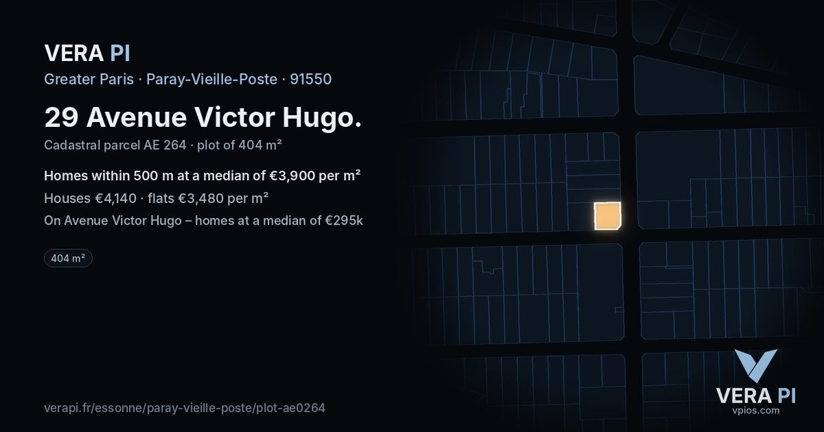 29 Avenue Victor Hugo, Paray-Vieille-Poste at night – the plot lit, the parcels around coloured by the prices near them