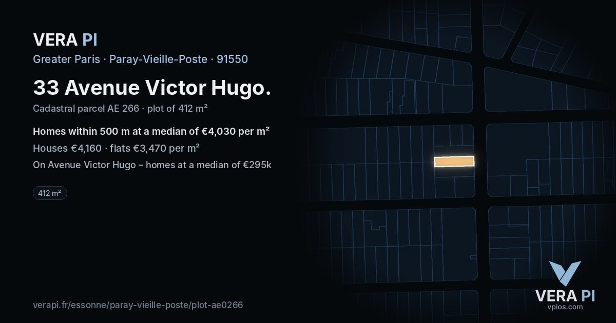 33 Avenue Victor Hugo, Paray-Vieille-Poste at night – the plot lit, the parcels around coloured by the prices near them