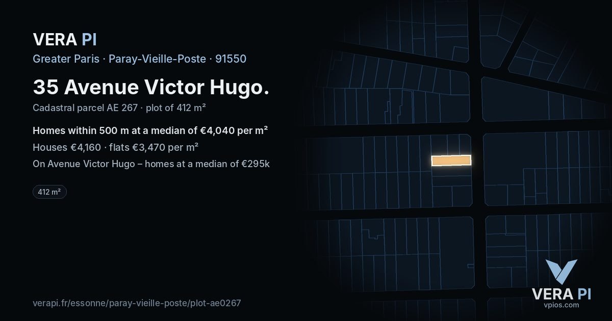35 Avenue Victor Hugo, Paray-Vieille-Poste at night – the plot lit, the parcels around coloured by the prices near them