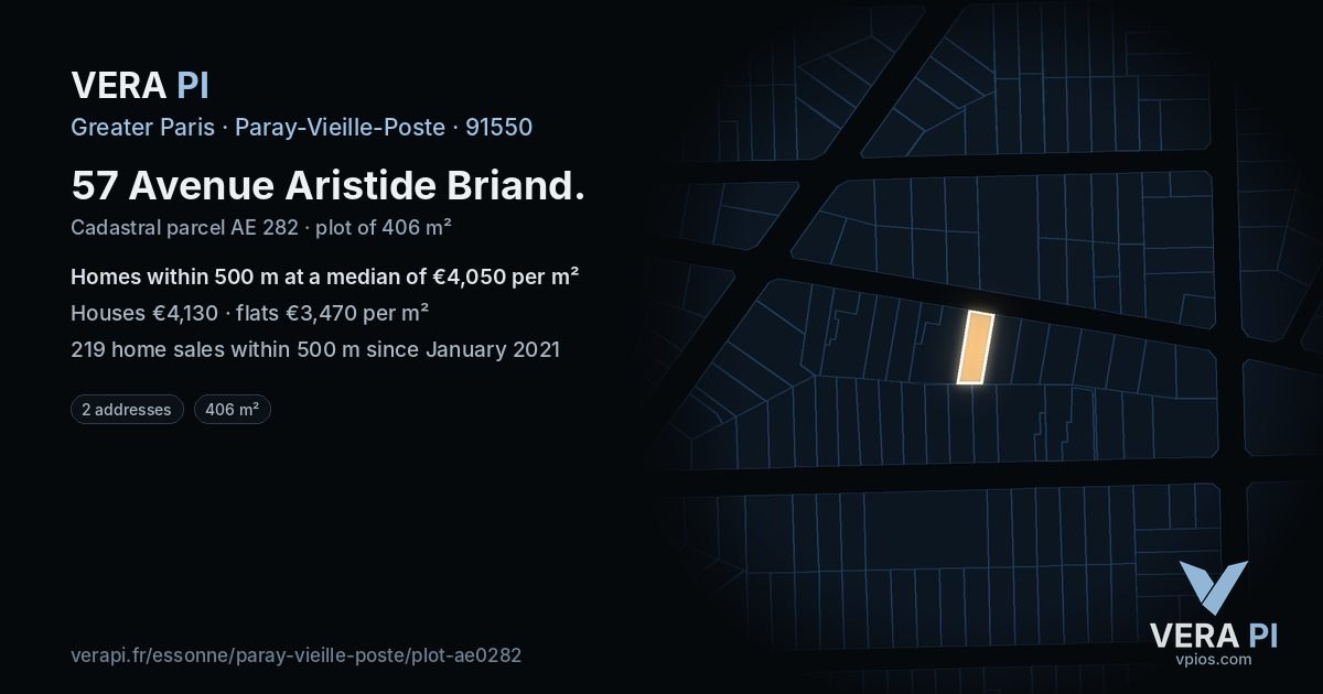 57 Avenue Aristide Briand, Paray-Vieille-Poste at night – the plot lit, the parcels around coloured by the prices near them