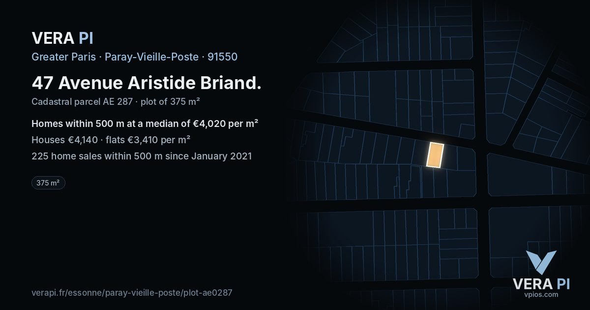 47 Avenue Aristide Briand, Paray-Vieille-Poste at night – the plot lit, the parcels around coloured by the prices near them