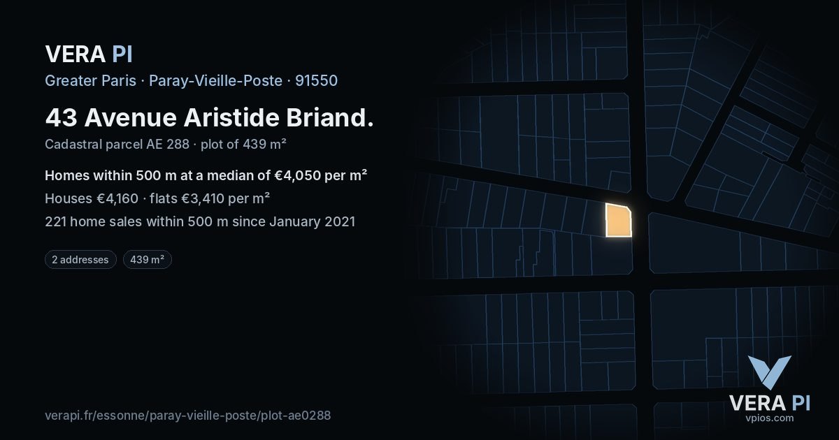 43 Avenue Aristide Briand, Paray-Vieille-Poste at night – the plot lit, the parcels around coloured by the prices near them