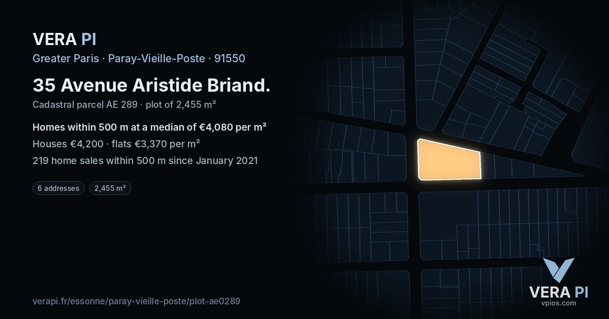 35 Avenue Aristide Briand, Paray-Vieille-Poste at night – the plot lit, the parcels around coloured by the prices near them