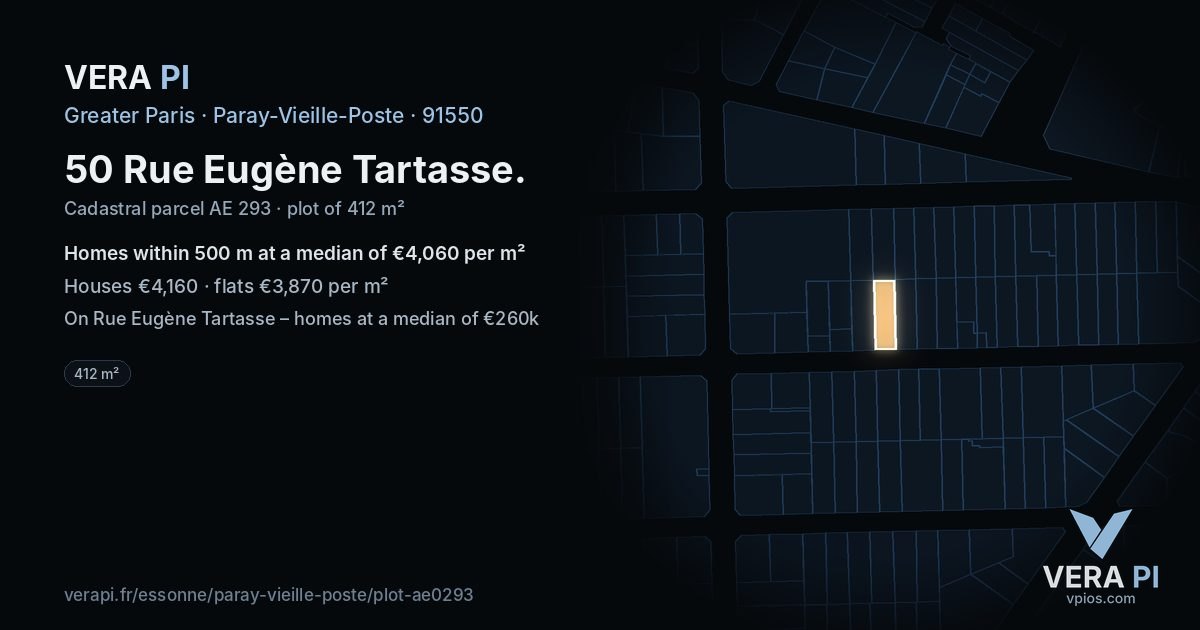 50 Rue Eugène Tartasse, Paray-Vieille-Poste at night – the plot lit, the parcels around coloured by the prices near them