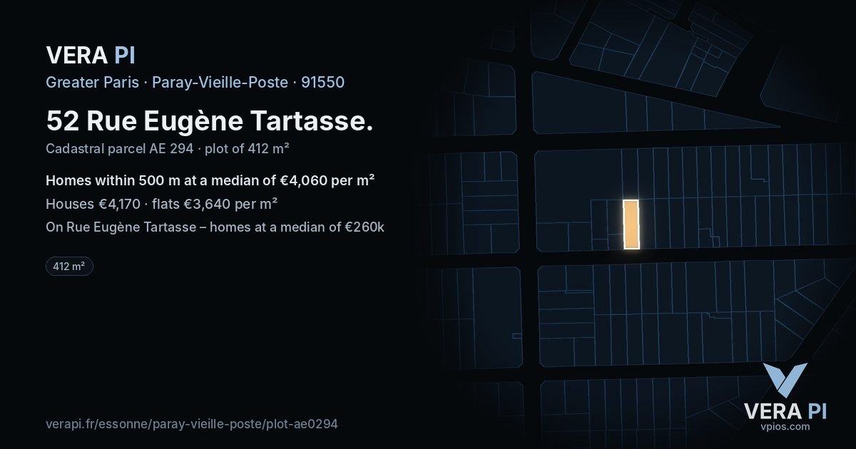 52 Rue Eugène Tartasse, Paray-Vieille-Poste at night – the plot lit, the parcels around coloured by the prices near them