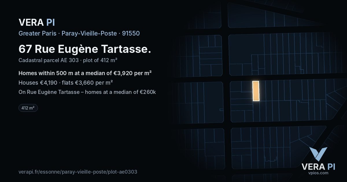 67 Rue Eugène Tartasse, Paray-Vieille-Poste at night – the plot lit, the parcels around coloured by the prices near them