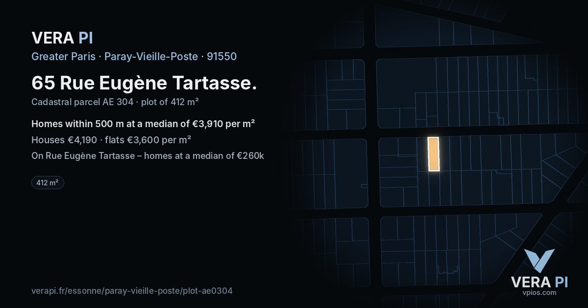 65 Rue Eugène Tartasse, Paray-Vieille-Poste at night – the plot lit, the parcels around coloured by the prices near them