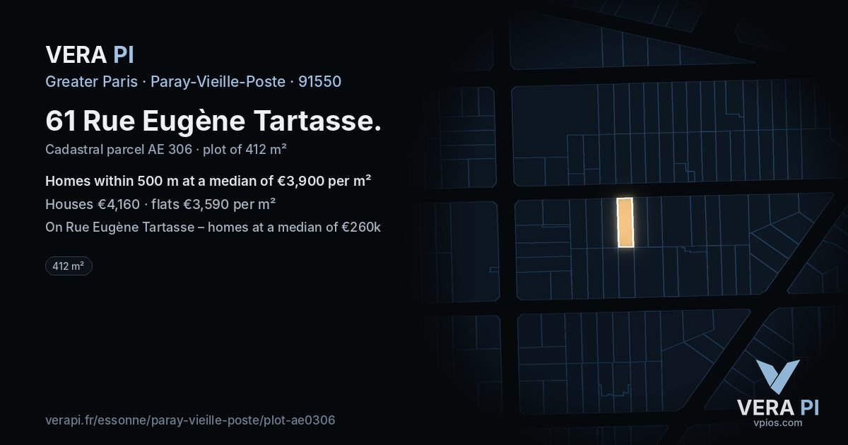61 Rue Eugène Tartasse, Paray-Vieille-Poste at night – the plot lit, the parcels around coloured by the prices near them