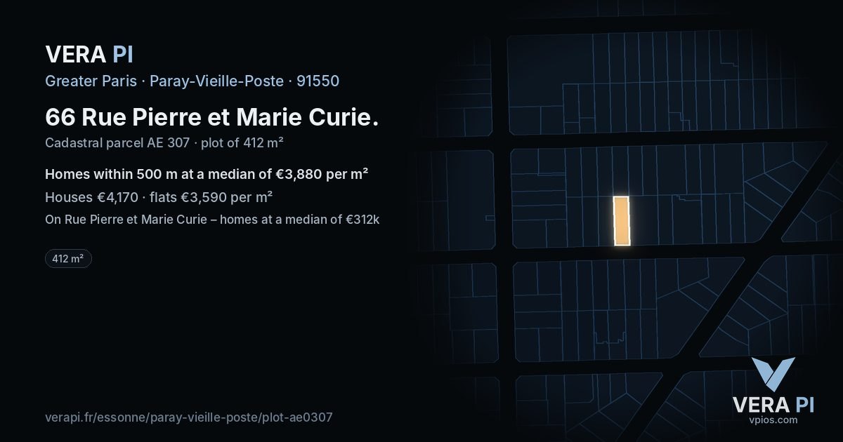 66 Rue Pierre et Marie Curie, Paray-Vieille-Poste at night – the plot lit, the parcels around coloured by the prices near them