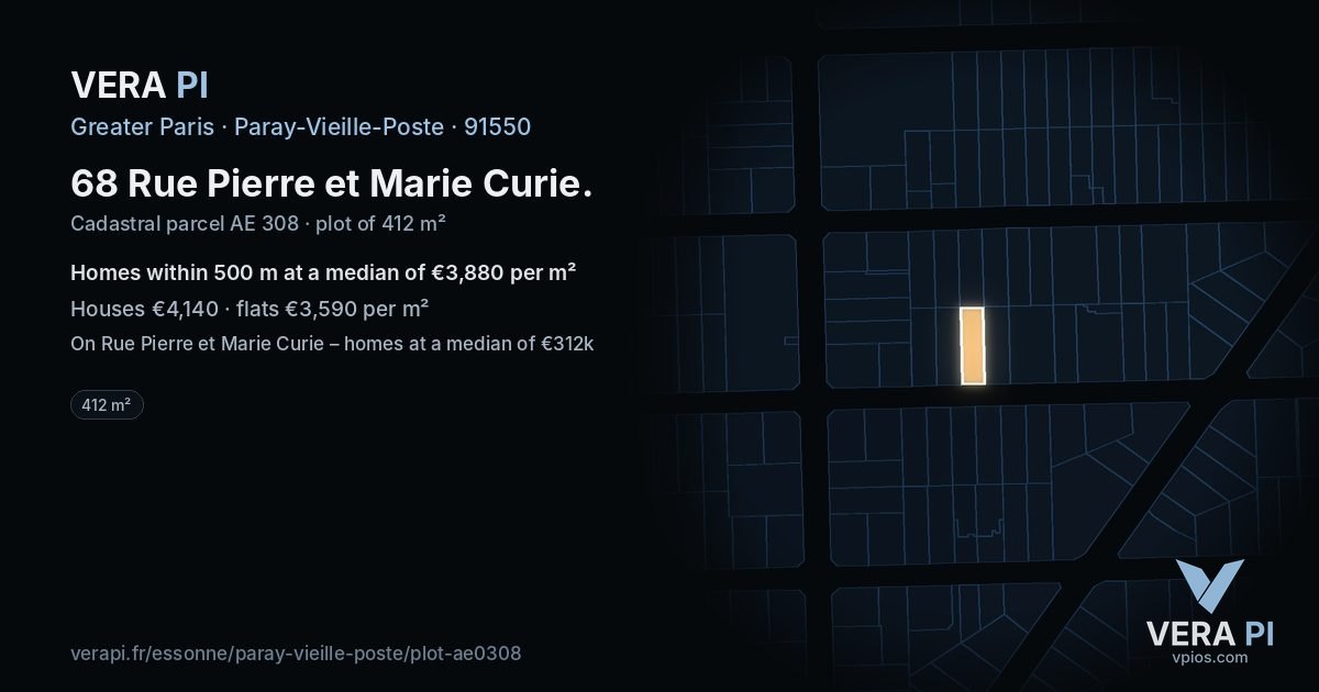 68 Rue Pierre et Marie Curie, Paray-Vieille-Poste at night – the plot lit, the parcels around coloured by the prices near them