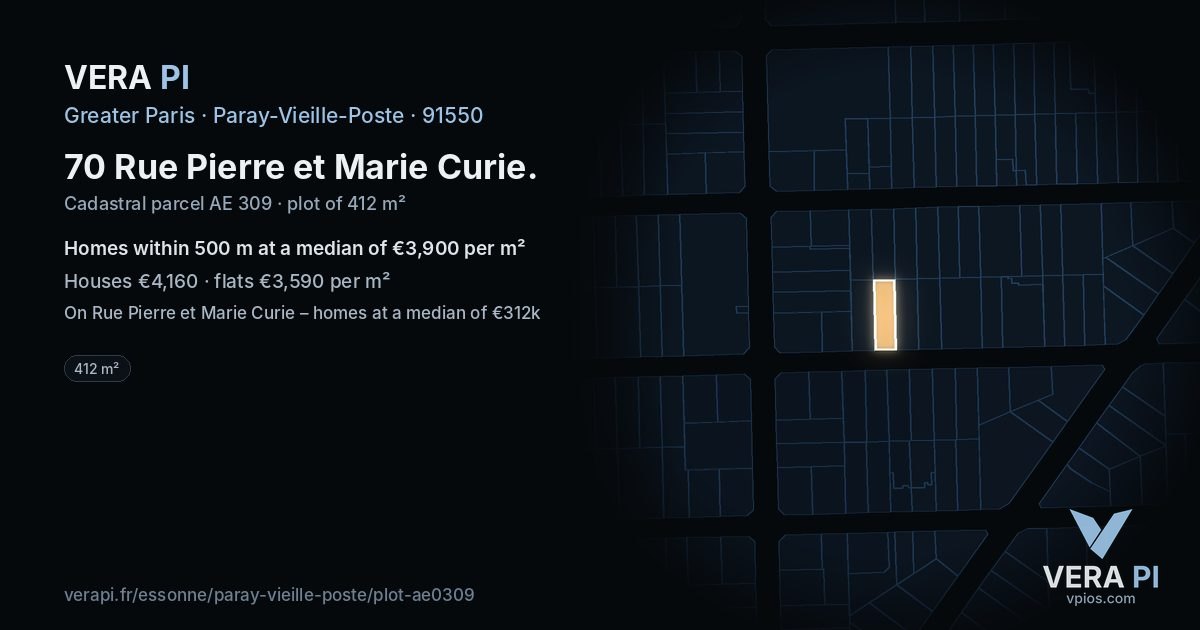 70 Rue Pierre et Marie Curie, Paray-Vieille-Poste at night – the plot lit, the parcels around coloured by the prices near them