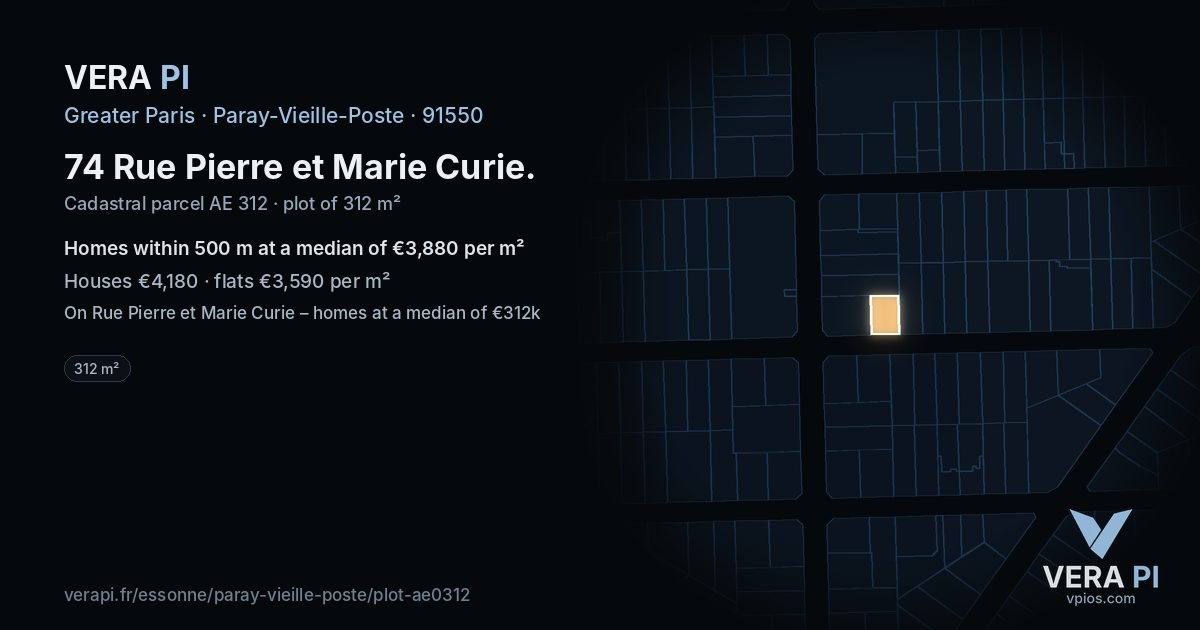 74 Rue Pierre et Marie Curie, Paray-Vieille-Poste at night – the plot lit, the parcels around coloured by the prices near them