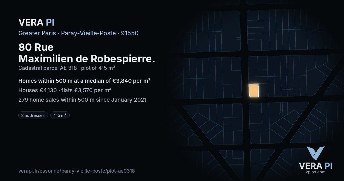 80 Rue Maximilien de Robespierre, Paray-Vieille-Poste at night – the plot lit, the parcels around coloured by the prices near them