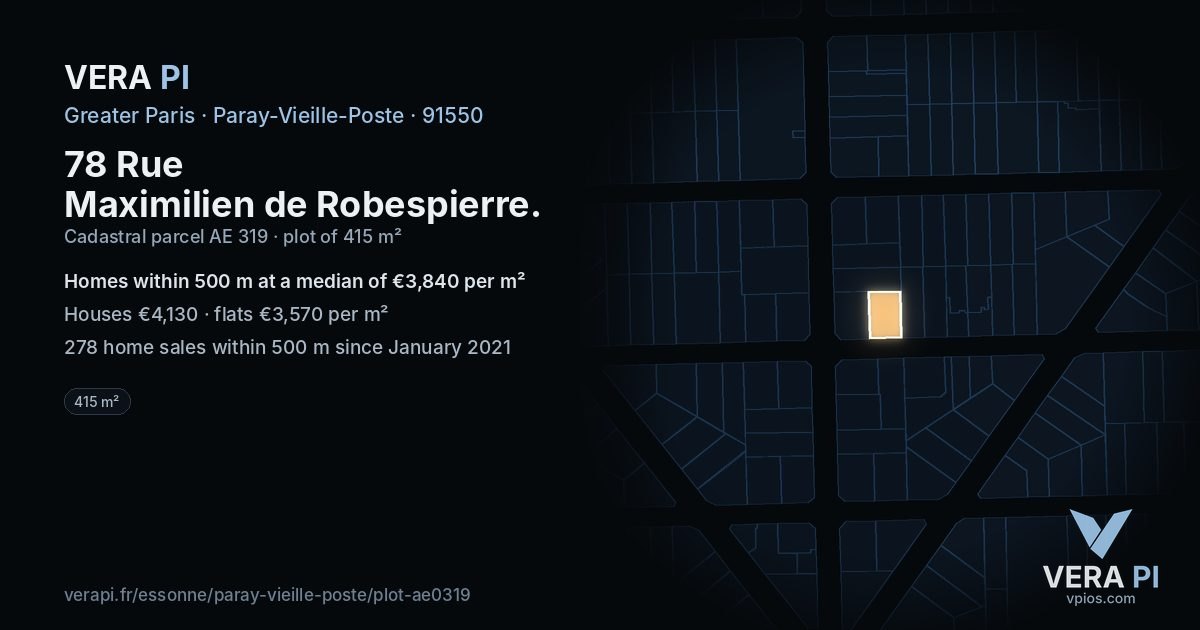 78 Rue Maximilien de Robespierre, Paray-Vieille-Poste at night – the plot lit, the parcels around coloured by the prices near them