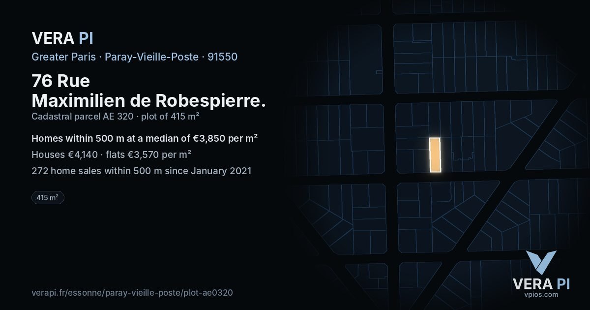 76 Rue Maximilien de Robespierre, Paray-Vieille-Poste at night – the plot lit, the parcels around coloured by the prices near them