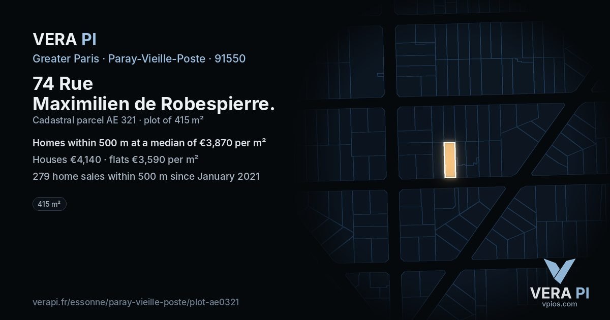 74 Rue Maximilien de Robespierre, Paray-Vieille-Poste at night – the plot lit, the parcels around coloured by the prices near them