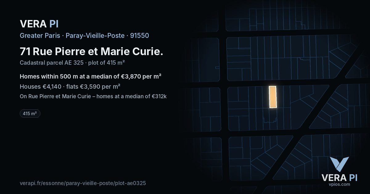 71 Rue Pierre et Marie Curie, Paray-Vieille-Poste at night – the plot lit, the parcels around coloured by the prices near them
